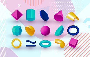 Abstract geometric shapes. 3d elements. Graphic geometry minimal figures. Polygonal forms, color volumetric cube, cylinder and pyramid, ring and cone renders. Vector isolated exact design