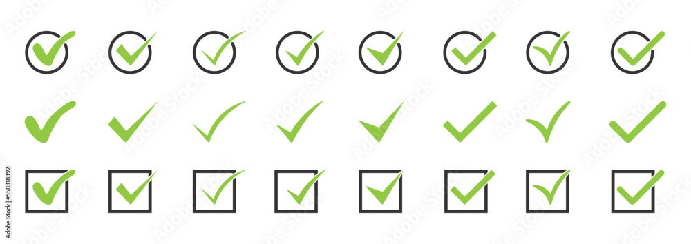 Poster tick or check icon collection in green. accept or approved symbol for checklist. vector illustration