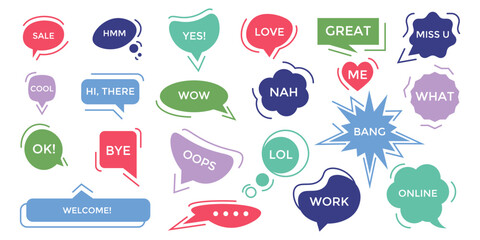 Speech bubble collection with text inside. Cartoon text message in a flat design. Vector illustration