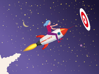 Naklejka premium Businesswoman on a rocket fly through sky to target. Start up, goal achievement metaphors. Space stars background. Vector illustration
