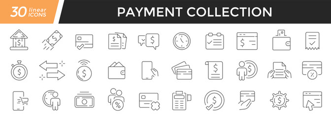 Payment linear icons set. Collection of 30 icons in black