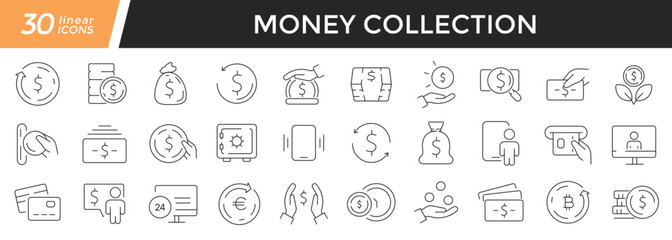 Money linear icons set. Collection of 30 icons in black