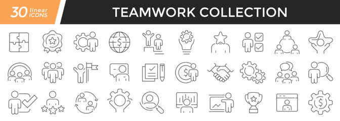 Obraz na płótnie Canvas Teamwork linear icons set. Collection of 30 icons in black