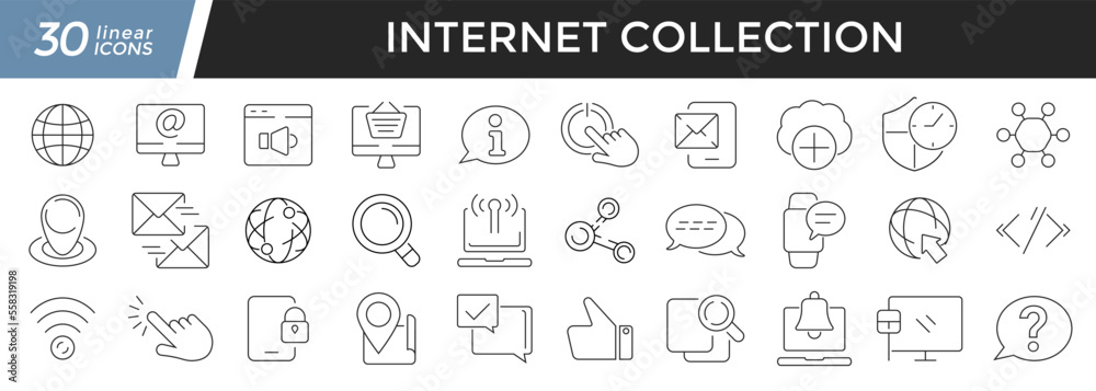 Aufkleber internet linear icons set. collection of 30 icons in black