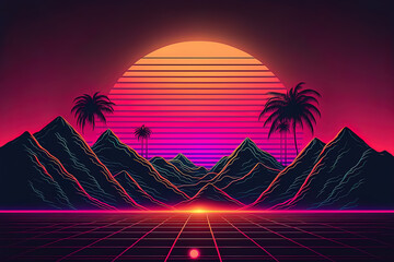 Cyberpunk landscape with retrowave and synthwave at sunset - obrazy, fototapety, plakaty