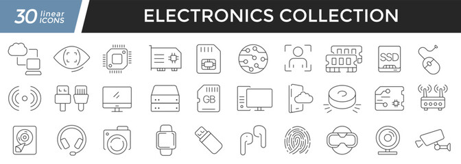 Electronics linear icons set. Collection of 30 icons in black