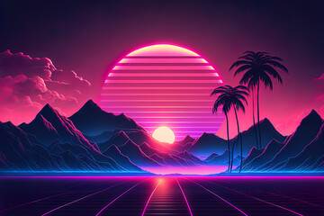 80s synthwave styled landscape with mountains and sunset - obrazy, fototapety, plakaty