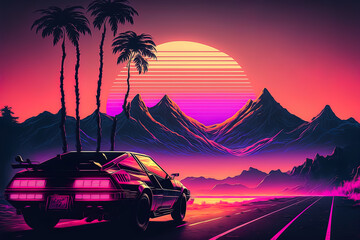 Fototapeta na wymiar Retro futuristic back side view 80s supercar on trendy synthwave, vaporwave, cyberpunk sunset background. Back to 80's concept.