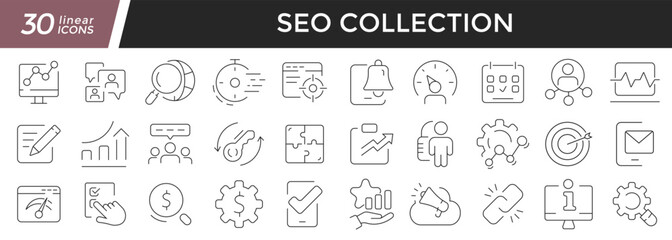 Fototapeta na wymiar Seo linear icons set. Collection of 30 icons in black