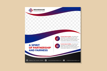 abstract social media post banners template design headline is a spirit of partnership. space of photo collage and text. Advertising banner with square layout. white background and blue red element.