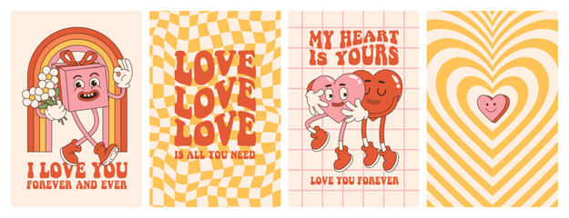 Groovy lovely hearts posters. Love concept. Happy Valentines day greeting card. Funky background in trendy retro 60s 70s cartoon style. Vector illustration in pink red colors.