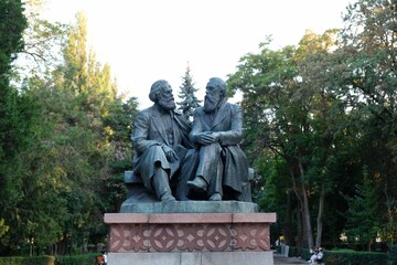 Fototapeta na wymiar Monument from Soviet era, representing Karl Marx and Friedrich Engels in Bishkek, Kyrgyzstan