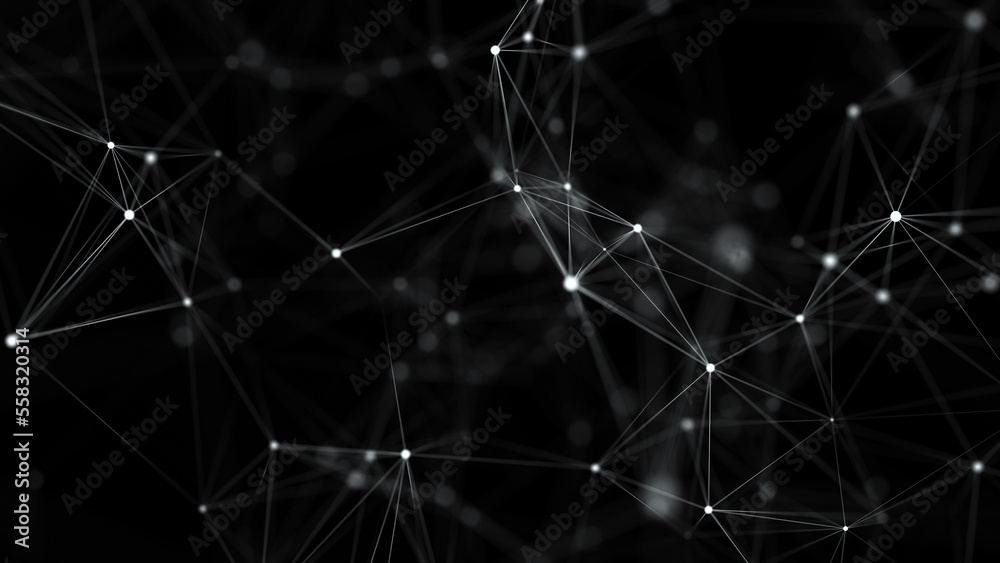 Poster Futuristic geometric flow with connecting points and lines. Abstract black digital background. Global network concept. Big data complex with compounds. 3D rendering.