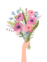 Isolated llustration bouquet of flowers in female hand. Vector design concept for holyday and other