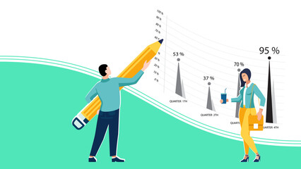 Man and woman draw chart about the financial development of a business, person. Infographics header banner. Launch, work. White background. Business presentations, banner template. Vector illustration