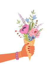 Isolated llustration bouquet of flowers in female hand. Vector design concept for holyday and other
