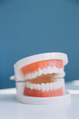 Stomatology concept, partial portrait of girl with strong white teeth looking at camera and smiling, fingers near face. Closeup of young woman at dentist's, studio, indoors