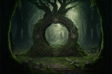 Ancient forest of druids, AI generation - obrazy, fototapety, plakaty
