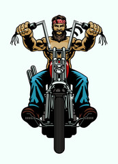 Fototapeta premium Big Muscle Man Biker Riding Chopper Motorcycle in Front Angle