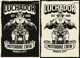 Black and white vintage t-shirt design of luchador Motorcycle riders