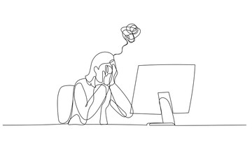 Drawing of businesswoman depressed suffered in workplace. One continuous line art style