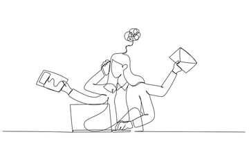 Illustration of businesswoman dizzy stressed because of daily work receive email sending paper. Single continuous line art style