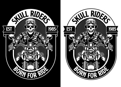 Black and white T-shirt design of Skull Motorcycle Riders