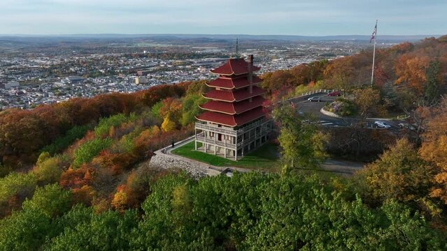 Aerial orbit of The Pagoda in Reading Pennsylvania USA.