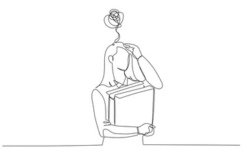 Drawing of stress businesswoman having headache while holding folder of document. One line art style