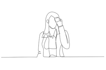 Cartoon of stress businesswoman worker feeling headache exhausted and unhappy. Single line art style