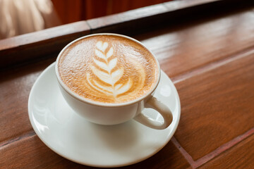 hot coffee cup on table at morning, relax time, latte coffee