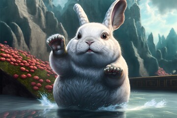 White Water Bunny on a lake - Year 2023 - Zodiac Water Rabbit - Generative AI