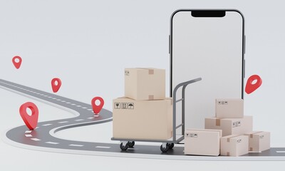 Smartphone with blank display with Cart Parcel boxes and GPS Pin with Roadmap.Concept for fast delivery service.delivery and shopping online concept.3D rendering illustration