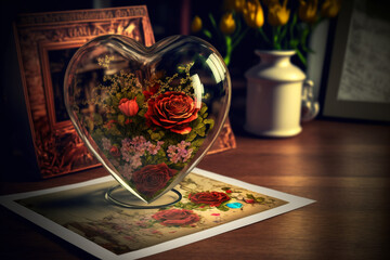 Glass heart, with flowers inside, on top of the desk. Love is like a flower, You have to treat it with care & respect to let it blossom. Generative AI