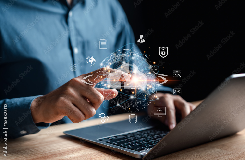 Poster businessman using computer planning development leadership and customer target group with business g