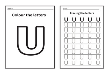 Alphabet tracing practice Letter U. Tracing practice worksheet. Learning alphabet activity page. Printable template. Uppercase and lowercase ABC trace practice worksheet. Learning English handwriting