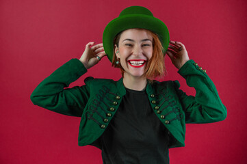 St. Patricks Day leprechaun model woman on white. Portrait of woman on Patricks Day celebration.