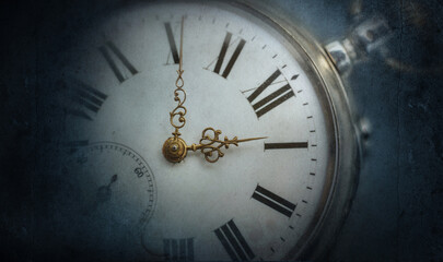 Close up old antique classic clock. Overlay effect on old paper texture. Concept of time, history, science, memory, information. Retro style. Vintage watch, clock background.
