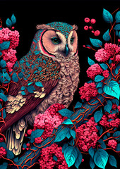 Owl in flowers no background, great print or poster