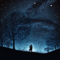 Fototapeta premium Silhouette of a romantic couple embracing against the starry night sky. 