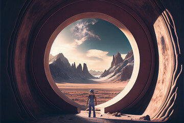 A man standing in front of a portal fantasy landscape digital art