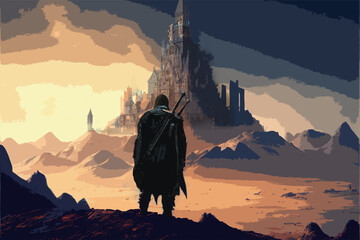 a man standing in front of a castle fantasy art © Ozis