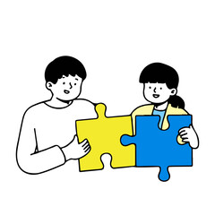 Business puzzle. Two business people connecting puzzle pieces, solving problem and finding solution. vector illustration with white background.
