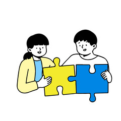 Business puzzle. Two business people connecting puzzle pieces, solving problem and finding solution. vector illustration with white background.