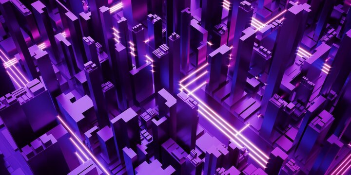 Neon city in the metaverse - 3d render. Smart city in virtual reality, cyberspace.Tech background, digital space concept with glowing transport lines.