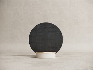 Exhibition Podium, stand, on pastel light аrchitectural background for premium product -3D render. Stylish aesthetic showcase, mock up for the exhibitions, presentation of products and goods.