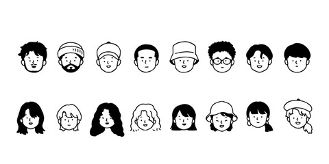 Outline avatars profile set office workers , hand-drawn icon style , flat line vector.