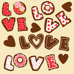 A set of letters love in the form of cookies with icing. Ginger cookies in the shape of letters with a different contour of glaze. Background for printing a postcard with cookies