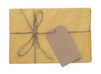 Retro gift box with tag for mockups. Vintage package with bow