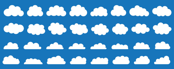 Flat cloud shape vector icon set on blue background.